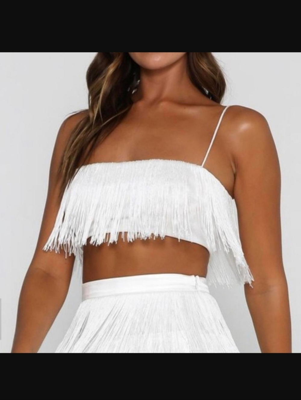 Meshki Women's Sophia White Fringe Spaghetti Strap Crop Top Sz S